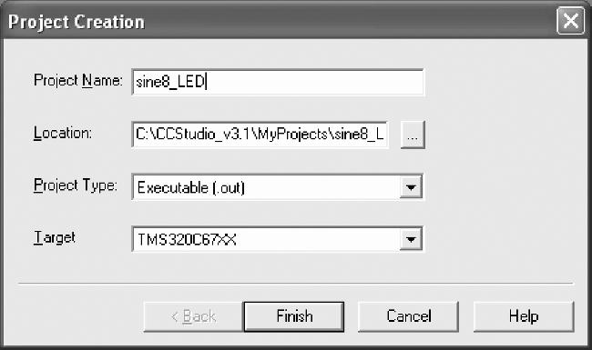 Programming Examples to Test the DSK Tools 11 Creating a Project This section illustrates how to create a project, adding the necessary files to generate an executable file sine8_led.out.