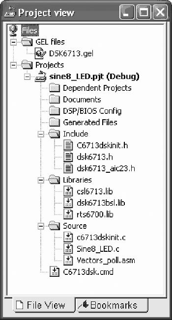 Programming Examples to Test the DSK Tools 13 FIGURE 1.4. Project View window showing files added at step 10. Verify from the Project View window that the project (.pjt ) file, the linker command (.