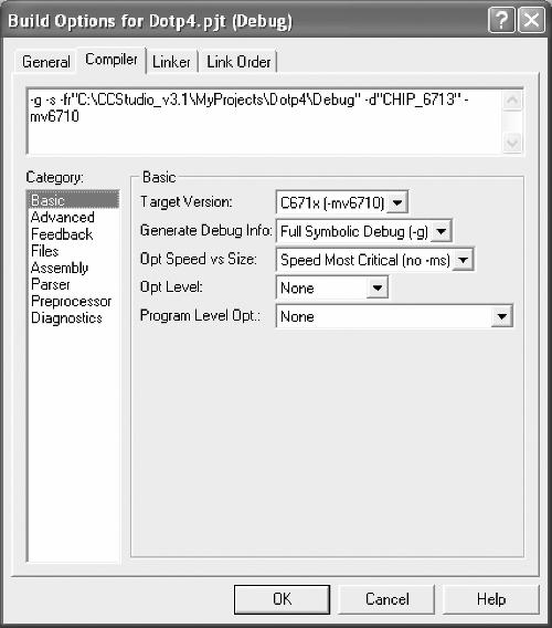 28 DSP Development System FIGURE 1.18. Build Options for project dotp4. 5. Select Debug Run (or use the running man toolbar button).