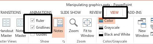 PowerPoint 2013 Intermediate Page 103 Displaying gridlines Click on the View tab and within the