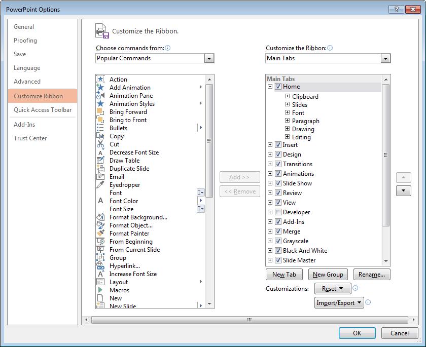 PowerPoint 2013 Intermediate Page 12 Customize Ribbon Options: Here you can customize the Quick Access toolbar (normally