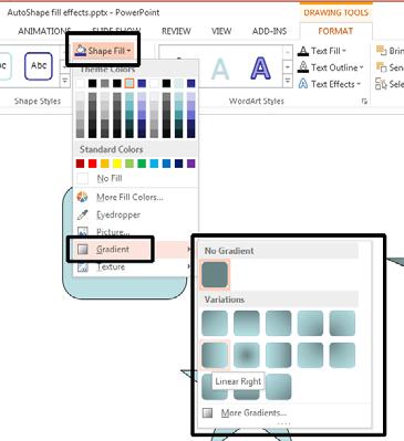 PowerPoint 2013 Intermediate Page 142 Click on the down arrow next to the Shape Fill icon and