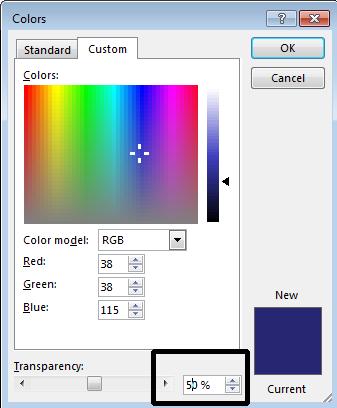 PowerPoint 2013 Intermediate Page 147 This will display the Colors dialog box. Use the slider control towards the bottom of the dialog box to set a transparency value to 50%.