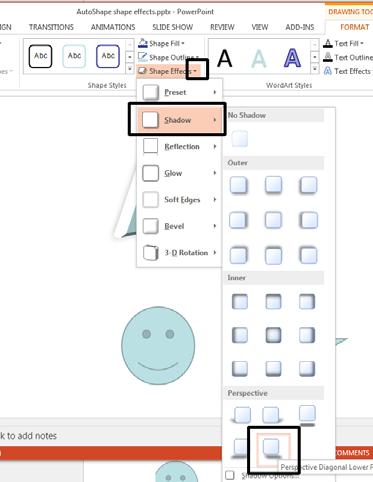 Within the Shape Styles group, click on the down arrow to the right of the Shape Effects icon.