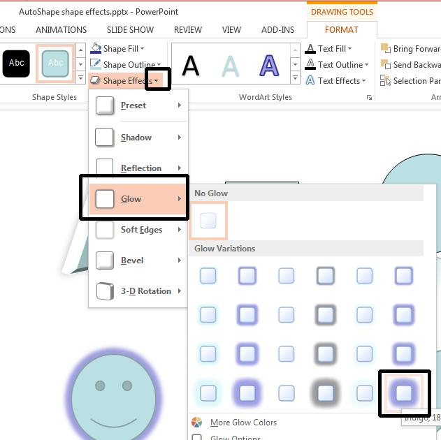 PowerPoint 2013 Intermediate Page 151 Double click on the Smiley Face AutoShape. Within the Shape Styles group, click on the down arrow to the right of the Shape Effects icon.