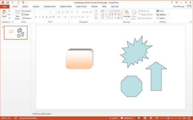 PowerPoint 2013 Intermediate Page 156 AutoShapes Format Painter Open a presentation called AutoShape and the Format