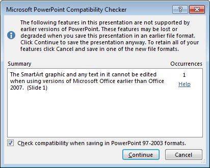 PowerPoint 2013 Intermediate Page 18 Click on the Save button and the file will be saved in a backwards compatible format.