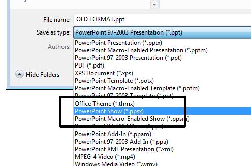 If you save the file using the PowerPoint Show option then the presentation will be saved in a special PowerPoint Show format.