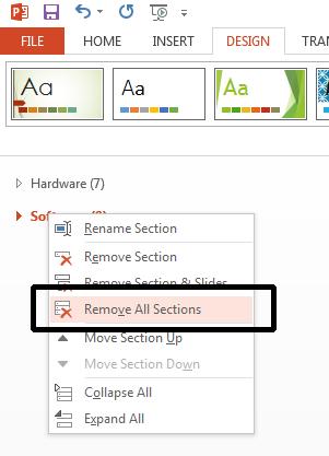 PowerPoint 2013 Intermediate Page 39 Right click over another section marker and from the pop-up menu displayed select the Remove All Sections command.