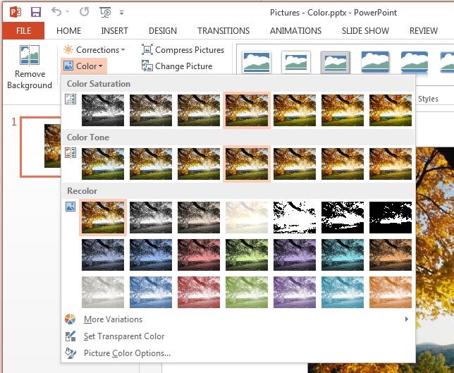 PowerPoint 2013 Intermediate Page 86 This will display a color drop down. The top row of options allows you to modify the Color Saturation.