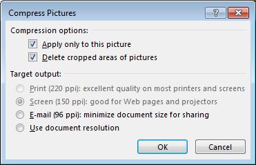 PowerPoint 2013 Intermediate Page 92 The Compress Pictures dialog box will be displayed. As you can see there is an option to apply the compression only to selected pictures.