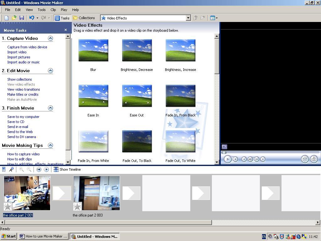 To add effects In the task pane click view video effects. A selection of video effects will appear. Double click the effects to see how they look in the preview window.