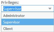 privileges for Supervisor account. The current user settings are displayed in the bottom part of the window: Username. Password.