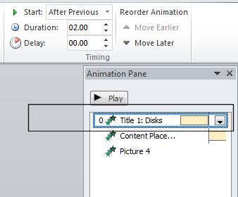 PowerPoint 2010 Advanced Page 100 Select the first custom animation that is displayed within