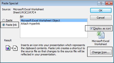 PowerPoint 2010 Advanced Page 140 If you wanted you could have customized the icon. Switch back to Excel and with the data still selected press Ctrl+C to copy the data to the Clipboard.