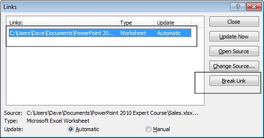 PowerPoint 2010 Advanced Page 145 Click on the Break Link button.