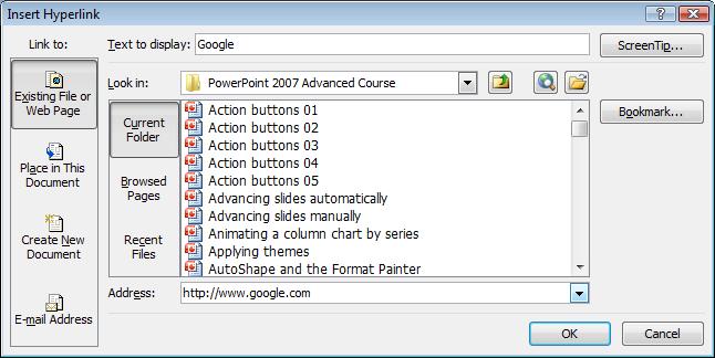 PowerPoint 2010 Advanced Page 155 Click on the OK button. Run the slide show and click on the modified hyperlink. You should see the Google page displayed within your web browser.