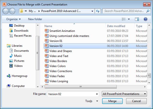 The Choose file to Merge with Current Presentation dialog box will be displayed.