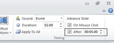 TIP: To remove transition effect timings, you would use the technique previously outlined, and remove the tick next to the 'Automatically after' check box.