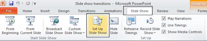 PowerPoint 2010 Advanced Page 182 This will display the Set Up Show dialog box. Click on the check box next to the Loop continuously until Esc option. Click on the OK button to close the dialog box.