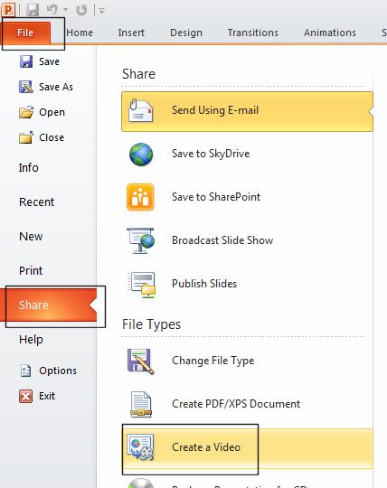 PowerPoint 2010 Advanced Page 195 You will see options displayed related to creating a video