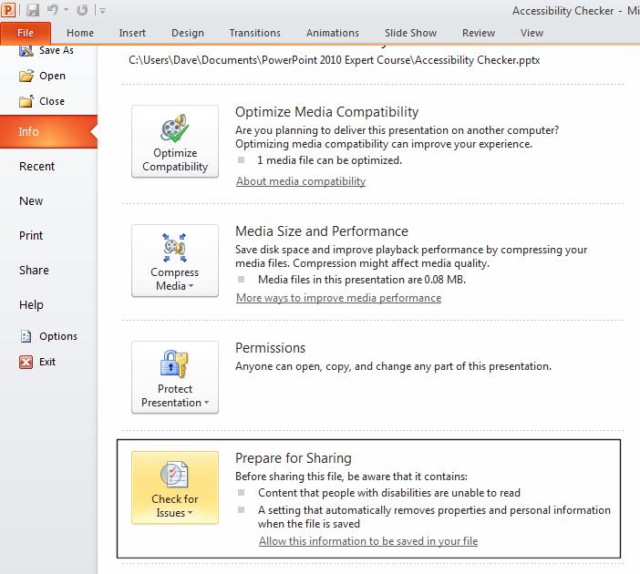 PowerPoint 2010 Advanced Page 212 From the drop down list displayed click on Check Accessibility.
