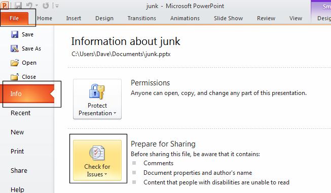 PowerPoint 2010 Advanced Page 214 From the drop down list displayed click on Inspect Document.