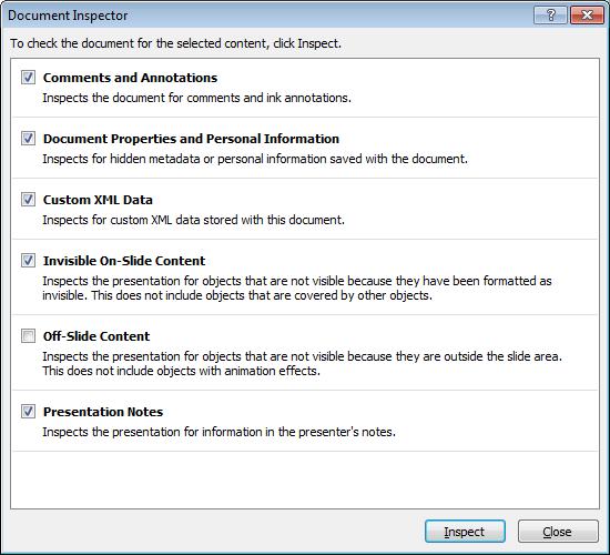 PowerPoint 2010 Advanced Page 215 Click on the Inspect button and a dialog will be displayed