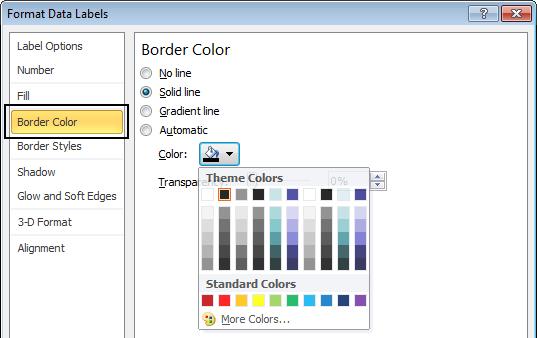 Click on the down arrow within the color section of the dialog box and select a different border color.