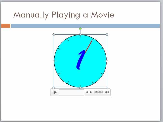 PowerPoint 2010 Advanced Page 74 Double click on the movie file and it will be inserted into the slide. Click on the Slide show button at the bottom right of the screen.