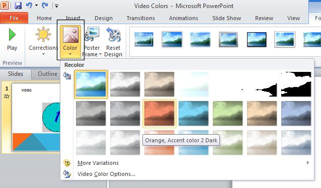 PowerPoint 2010 Advanced Page 76 Re-coloring a video Open a presentation called Video Colors. Double click on the video within the slide.