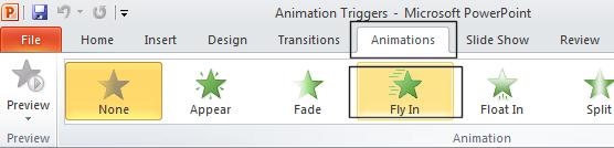 PowerPoint 2010 Advanced Page 93 Click on the Animations tab and select the Fly In animation.