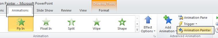 Select the shape on the left which has had an animation applied to it. Double click on the Animation Painter button.