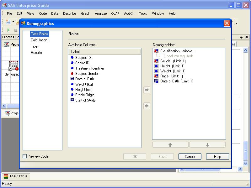 Figure 13 (below) shows the demographics task running within Enterprise Guide.