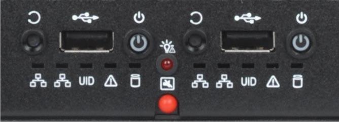 The back of each server node features the following elements: System power button and system reset button.