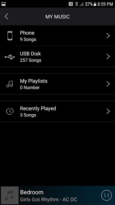8. Open the Muzo Player app to the DEVICE LIST screen. Then press the arrow pointing left (<) in the upper left of the screen (see Figure 35 Muzo Player App DEVICE LIST Screen).