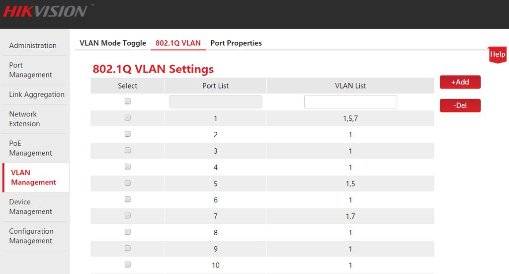 Select Ports 1 and 7, enter 7 in the input box below VLAN List, and click +Add. Step 3: Set port properties. 1. Go to the VLAN Management > Port Properties page; 2.