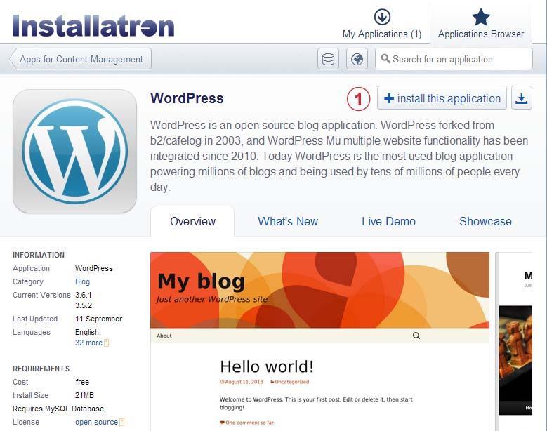 2. WordPress: The WordPress application is visible in the list of applications. Click on the WordPress icon. Clicking on the WordPress icon will open a screen similar to the image below.