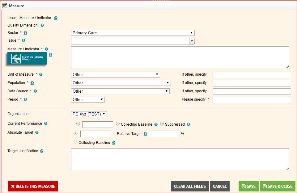 . Figure 38 Mandatory Fields c) Users can create their own indicator, or can click the Indicator Library button to search the Indicator Library for existing health system performance quality