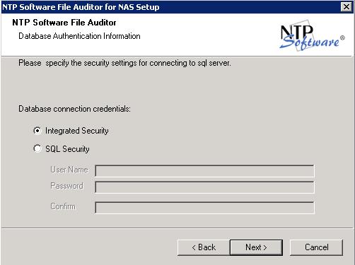 6. In the NTP Software Defendex dialog box, specify the security setting to be used to connect to the SQL Server for database and tables creation.