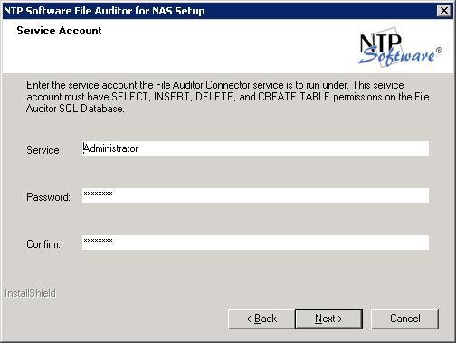 9. In the Service Account dialog box, when specifying an account, enter a username with local administrative privileges.