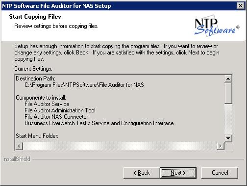 11. In the Start Copying Files dialog box, review your components, NAS Connector and BOT Service information.