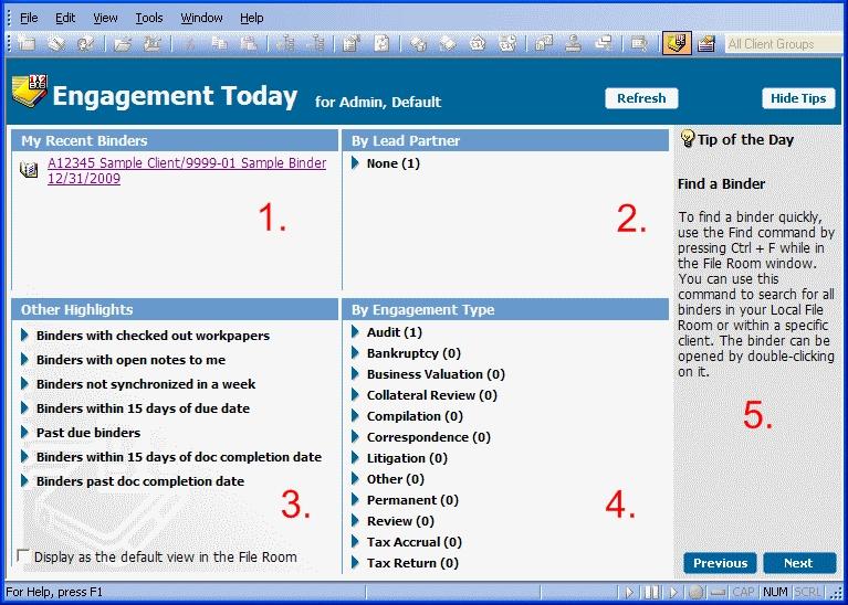 Engagement Today View Local File Room Engagement Today displays user-level diagnostic information that summarizes key statistics regarding the binders in your local file room.