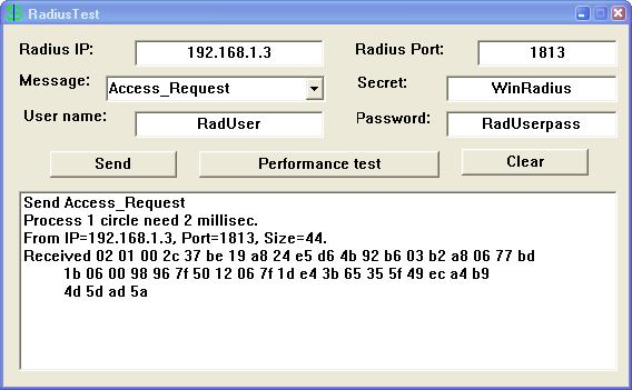 b. Start the RadiusTest application, and enter the IP address of this RADIUS server (192.168.1.3), username RadUser, and password RadUserpass as shown.