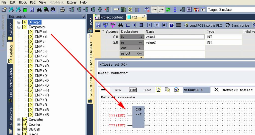 WinPLC7 Example project engineering > Project engineering 4. Click to the input left above and insert value1.