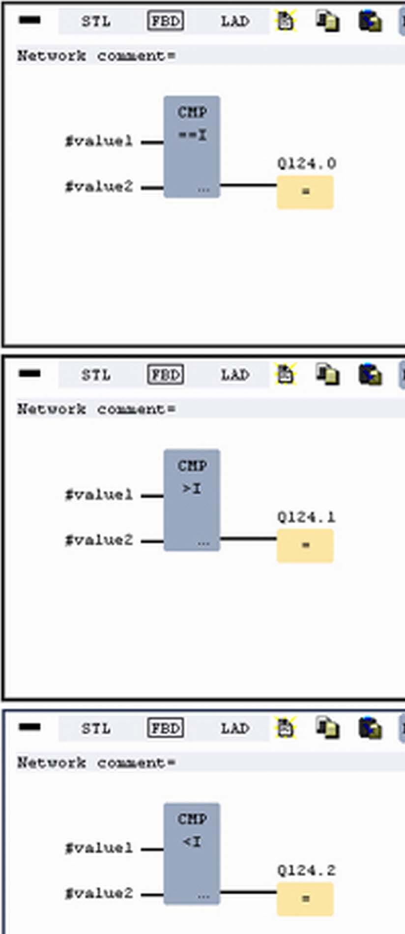 WinPLC7 VIPA System 300S + Example project engineering > Project engineering Adding a new network For further comparisons the operations "CMP>I" at Q 124.1 and "CMP<I" at Q 124.2 are necessary.