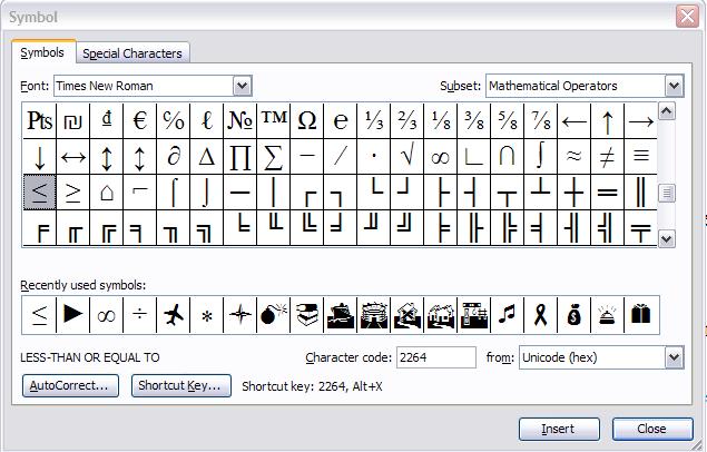 Teacher Activity: Mathematical Expressions with Microsoft Word page /9 Unfortunately, neither the nor the symbols appear on your keyboard. But we can use the Insert menu to get both of them.