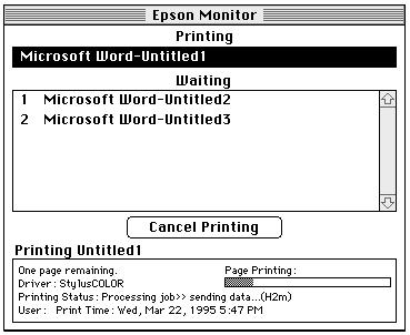 Using the EPSON Monitor2 Utility After you send a print job to the printer, you can use the EPSON Monitor2 utility to check on what print jobs are queued for printing.