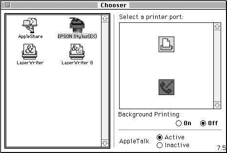 2. Select the Chooser desk accessory from the Apple menu. This brings up the Chooser dialog box. Then click the EPSON Stylus(EX) icon and the port you are using with your printer.