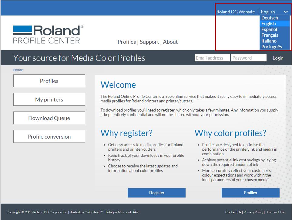 Change languages From the right corner of Roland Profile Center, you can choose